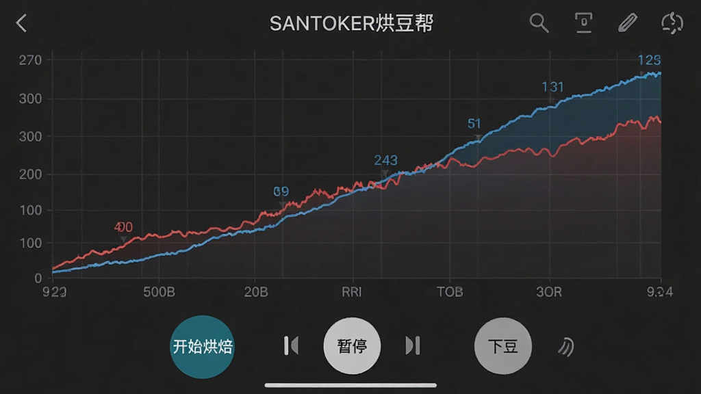 一张手机应用截图风格的图片,画面中“SANTOKER烘豆帮”的曲线追踪界面占据主体,红色豆温曲线与蓝色ROR曲线交织上升,背景为深灰色网格,屏幕底部有“开始烘焙”“暂停”“下豆”三个圆形按钮,界面整洁,数据标注清晰,整体呈现专业数据可视化风格,画质干净无噪点