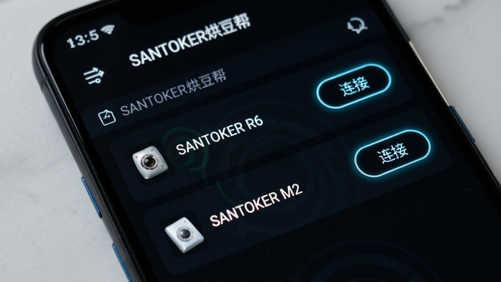 一部安卓手机屏幕特写,画面中“SANTOKER烘豆帮”应用正在搜索附近的烘豆机设备,列表中出现“SANTOKER R6”与“SANTOKER M2”两个设备名称,每个设备右侧有“连接”按钮,背景为深色科技感界面,按钮带有微光效果,整体风格简洁现代,画质锐利,无杂乱图标