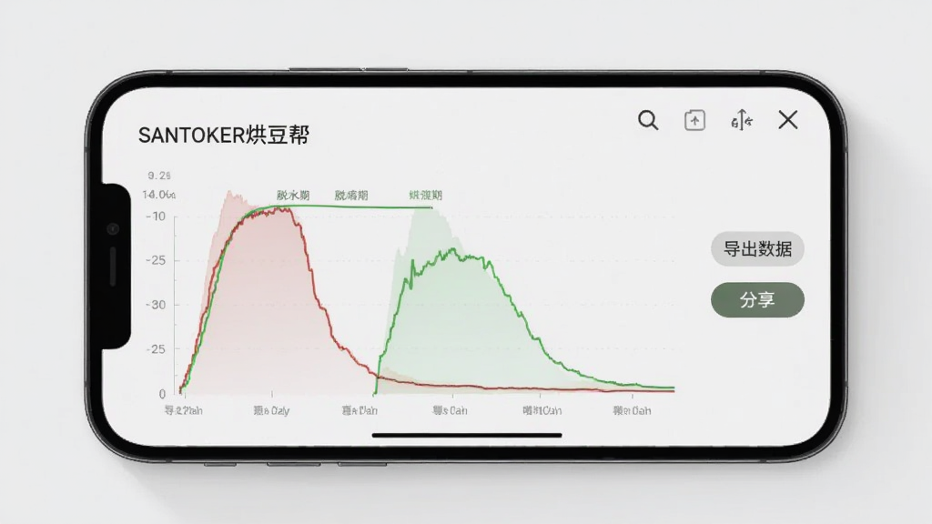 一部手机横屏显示“SANTOKER烘豆帮”的曲线对比界面,屏幕上同时呈现红色与绿色两条烘焙曲线,两条曲线在脱水期出现明显时间差,屏幕右侧有“导出数据”和“分享”按钮,背景为浅色极简风格,数据标签使用小号灰色字体,整体布局清爽,画质清晰,无多余装饰元素