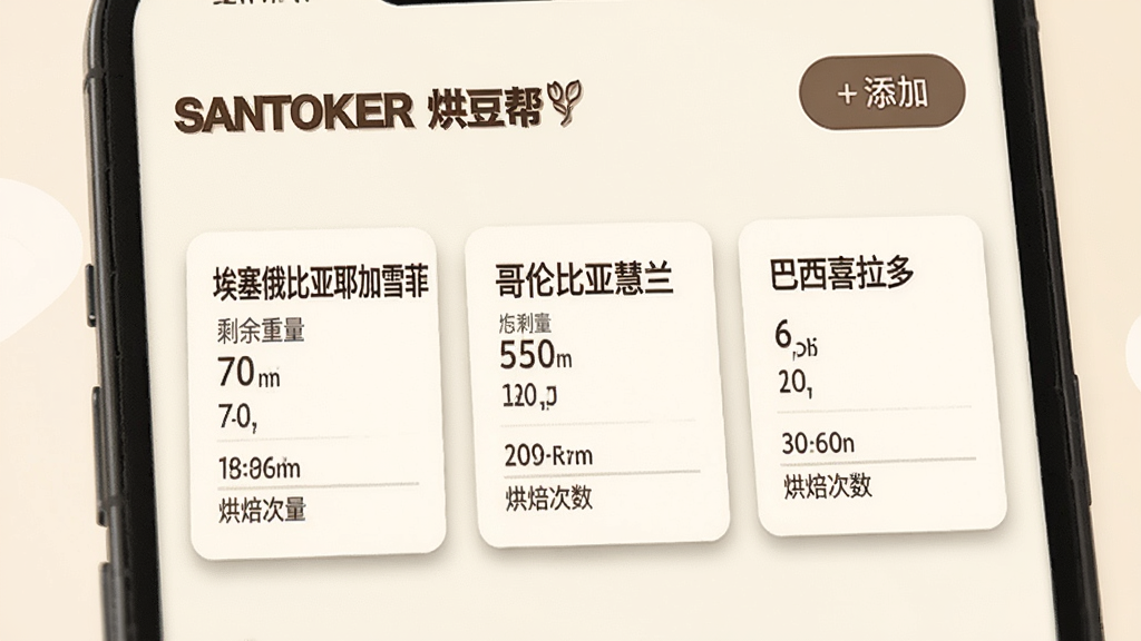 手机屏幕展示“SANTOKER烘豆帮”的豆仓管理页面,页面中以卡片形式排列着“埃塞俄比亚耶加雪菲”“哥伦比亚慧兰”“巴西喜拉多”三款生豆,每张卡片显示剩余重量与烘焙次数,右上角有“+添加”按钮,背景为柔和的米白色,卡片带有轻微阴影,整体风格温馨实用,画质细腻