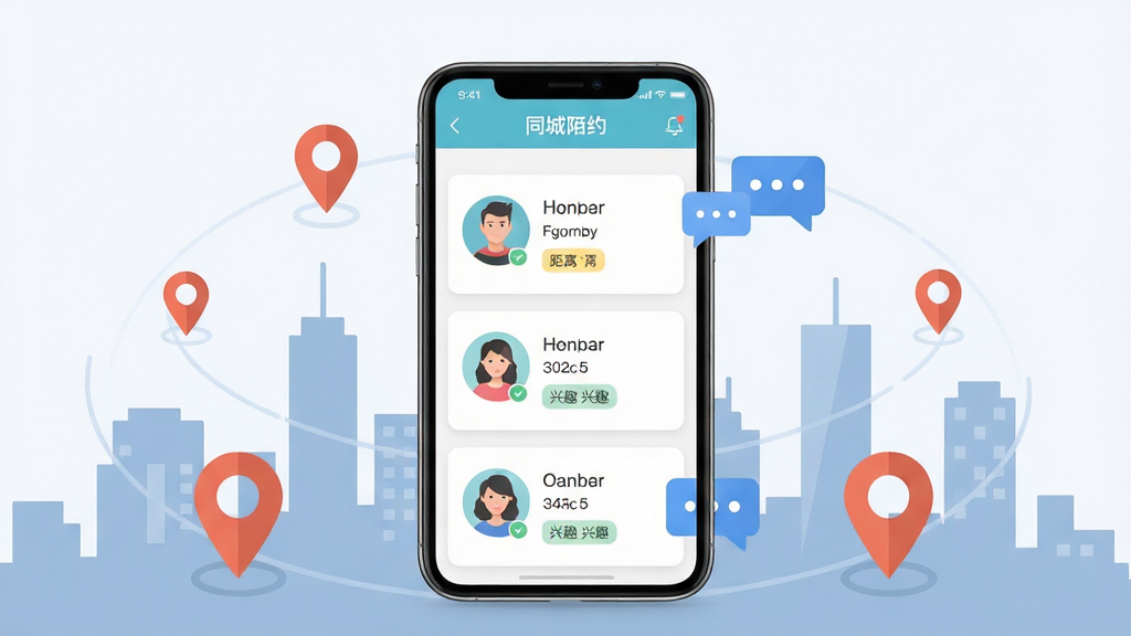 同城陌约软件主界面展示,画面中央放置一部智能手机,手机屏幕显示同城陌约APP的推荐好友列表界面,界面中包含用户头像卡片、距离标签与兴趣标签,手机周围环绕城市剪影与定位图标,整体布局简洁清晰,采用现代扁平化UI风格,细节上突出定位符号与聊天气泡,画质高清,干净,无多余元素