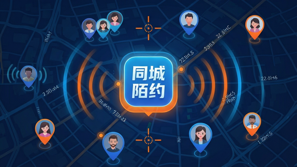 同城陌约同城定位功能展示图,画面以城市地图为背景,地图上散布多个用户头像标记,中心位置高亮显示同城陌约APP图标,地图边缘绘制信号波纹与定位准星,整体采用科技蓝与活力橙配色,布局上地图占据画面主体,图标与标记错落有致,风格偏向现代都市科技感,细节包含街道线条与距离数值,画质清晰,干净,无多余元素