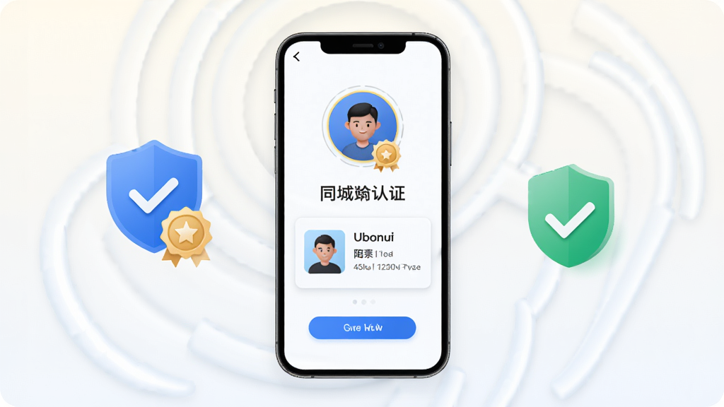 同城陌约真人认证流程界面图,画面中央展示手机屏幕,屏幕内呈现认证标识与用户资料卡片,卡片旁有盾牌与勾选图标,背景为浅色渐变,布局上手机居中,认证元素环绕四周,风格简洁安全,细节包含头像边框与认证徽章,画质高清,干净,无多余元素