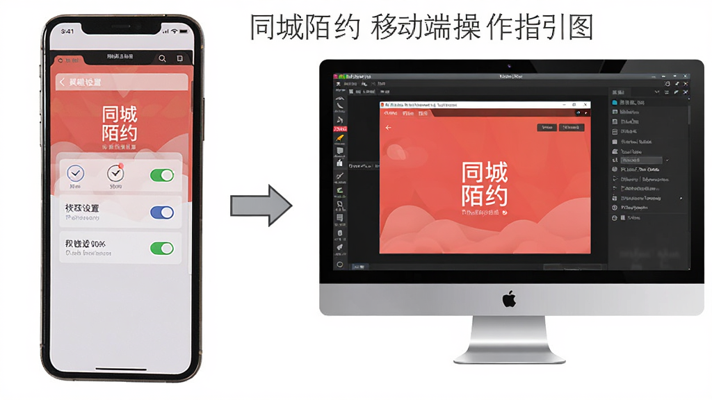 同城陌约移动端操作指引图,画面展示一部手机与一台电脑并排,手机屏幕显示同城陌约权限设置界面,电脑屏幕显示模拟器运行同城陌约的窗口,两者之间用箭头连接,布局上手机在左电脑在右,风格教程图解,细节包含权限开关图标与模拟器菜单,画质高清,干净,无多余元素