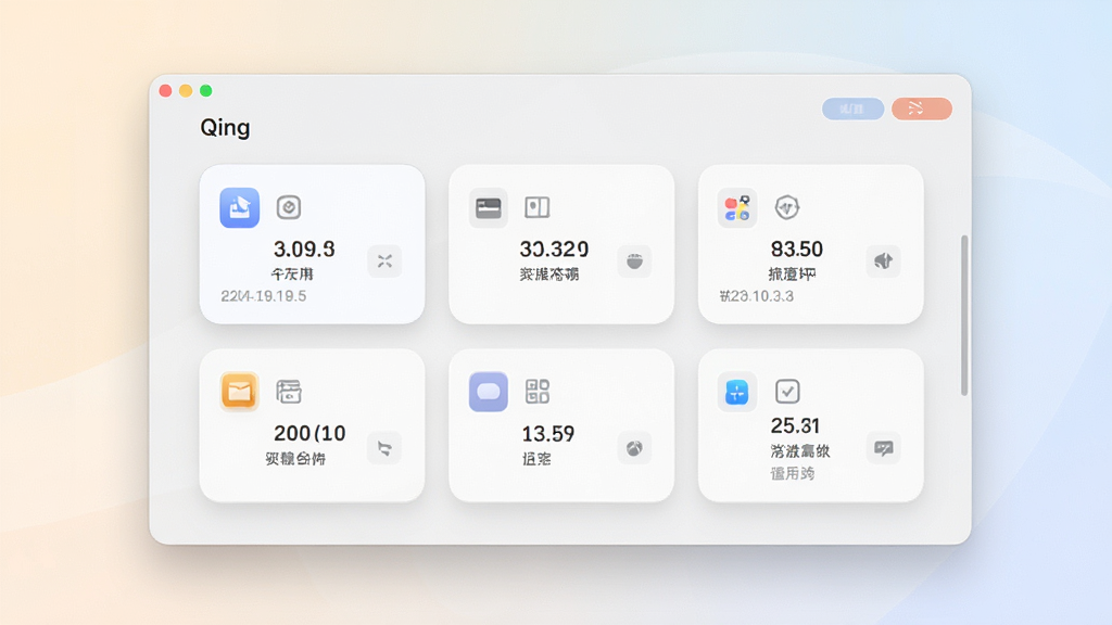 一张展示Qing软件主界面的预览图,画面中央是简洁的卡片式功能入口,背景为浅色渐变,整体布局清爽,风格现代简约,细节上带有柔和阴影和圆角设计,画质干净清晰,无多余装饰元素