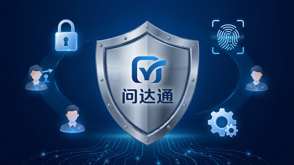 一张表现问达通安全权限管理的概念图,画面中央是一个盾牌图标,盾牌内部显示问达通的标志,盾牌周围环绕着锁形图标、指纹识别图标、用户头像和齿轮图标,背景为深蓝色科技感渐变,底部有抽象的数据流线条,整体布局对称稳重,风格为现代安全科技风,细节上盾牌有金属质感,图标发光,画质高清,画面干净,无多余元素