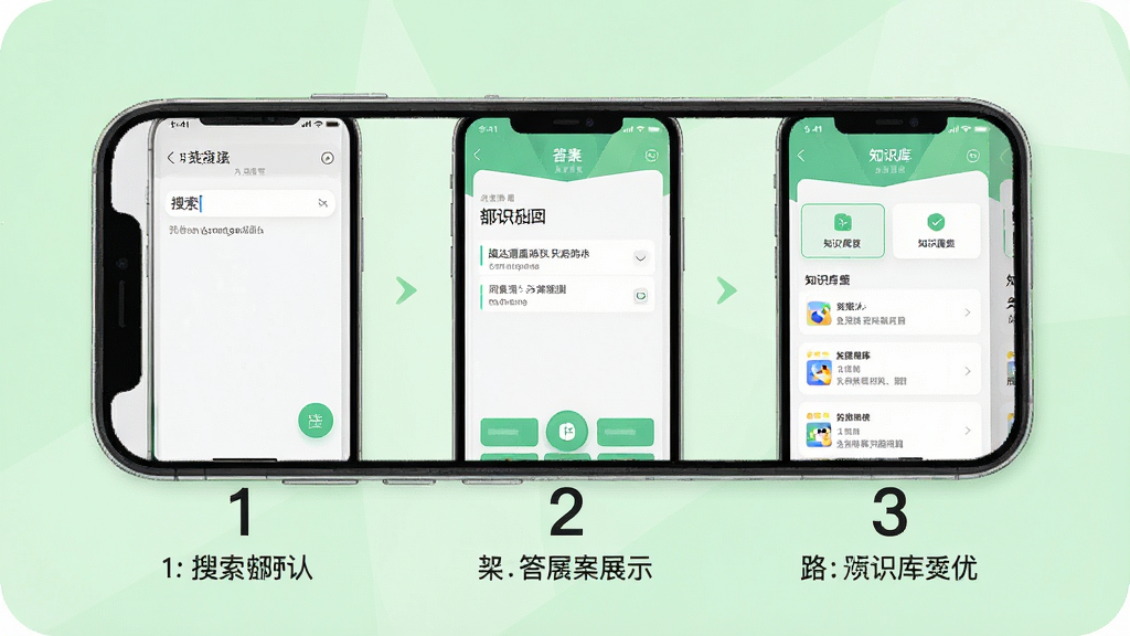 一张展示问达通移动端操作步骤的示意图,画面主体是一部手机,屏幕上依次排列三个操作步骤截图,第一步是搜索框输入文字,第二步是答案展示页面,第三步是知识库分类页面,每个步骤下方有数字编号和简短文字说明,背景为浅绿色,整体风格清新简洁,细节上手机边框圆润,屏幕内容清晰,画质高清,画面干净,无多余元素