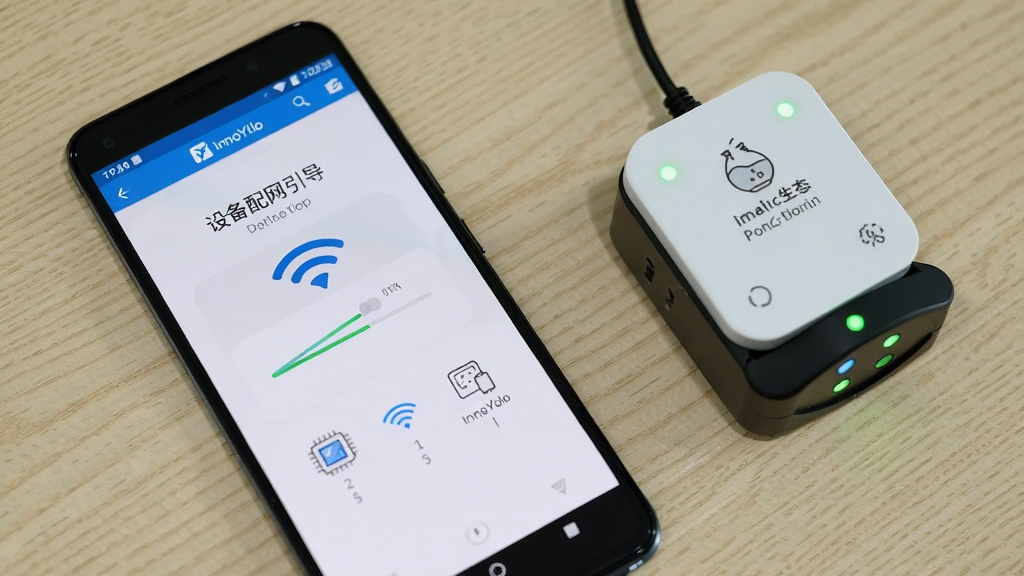 画面主体为一部安卓手机,屏幕上显示InnoYolo应用的设备配网引导页面,有WiFi图标和进度条;布局上手机斜放在桌面上,旁边放着一个智能生态缸控制器;排版为教程风格,背景是浅色木纹桌面;细节上手机屏幕有配网步骤文字和示意图标,控制器有指示灯闪烁效果;画质高清,干净简洁,无多余元素。