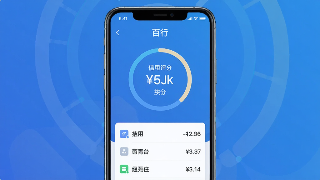 一张手机屏幕展示信用评分仪表盘界面,主体为手机居中放置,布局上屏幕内显示圆形信用评分图表和下方数据列表,排版清晰简洁,风格为现代科技感扁平化设计,细节上屏幕带有