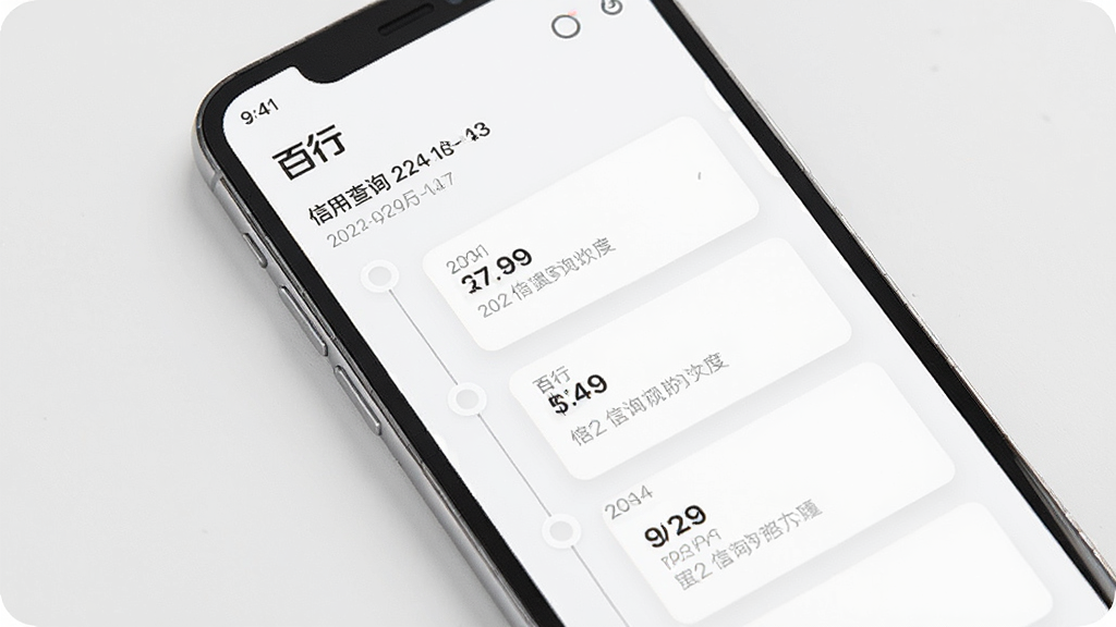 一部手机展示信用查询记录时间线页面,主体为手机正面,布局上屏幕内显示按时间排列的记录条目,排版简洁清晰,风格为素雅极简白色调设计,细节上屏幕带有