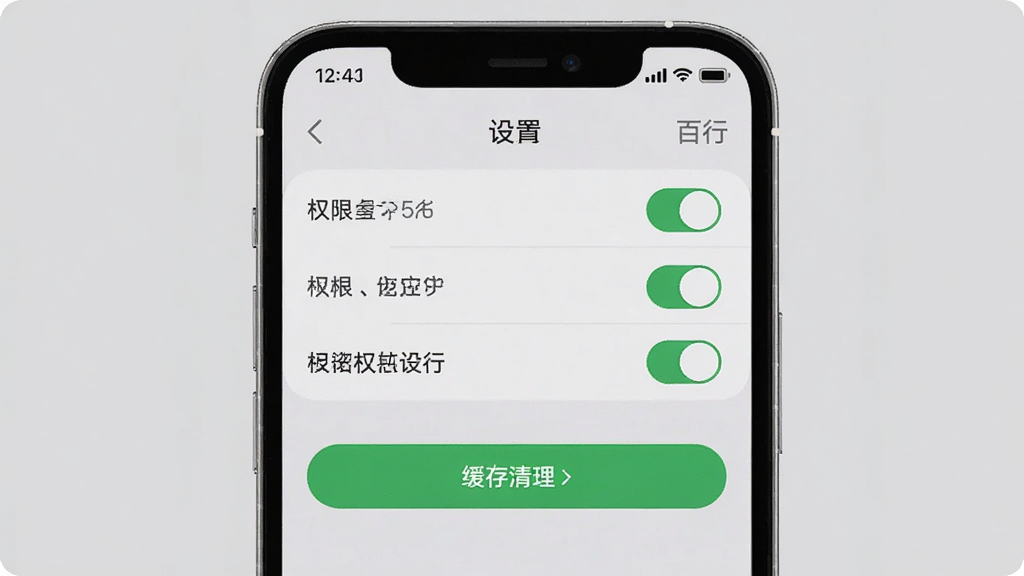 手机屏幕展示App设置和权限管理界面,主体为手机居中,布局上屏幕内显示权限开关列表和缓存清理按钮,排版整齐,风格为浅灰质感扁平设计,细节上屏幕带有