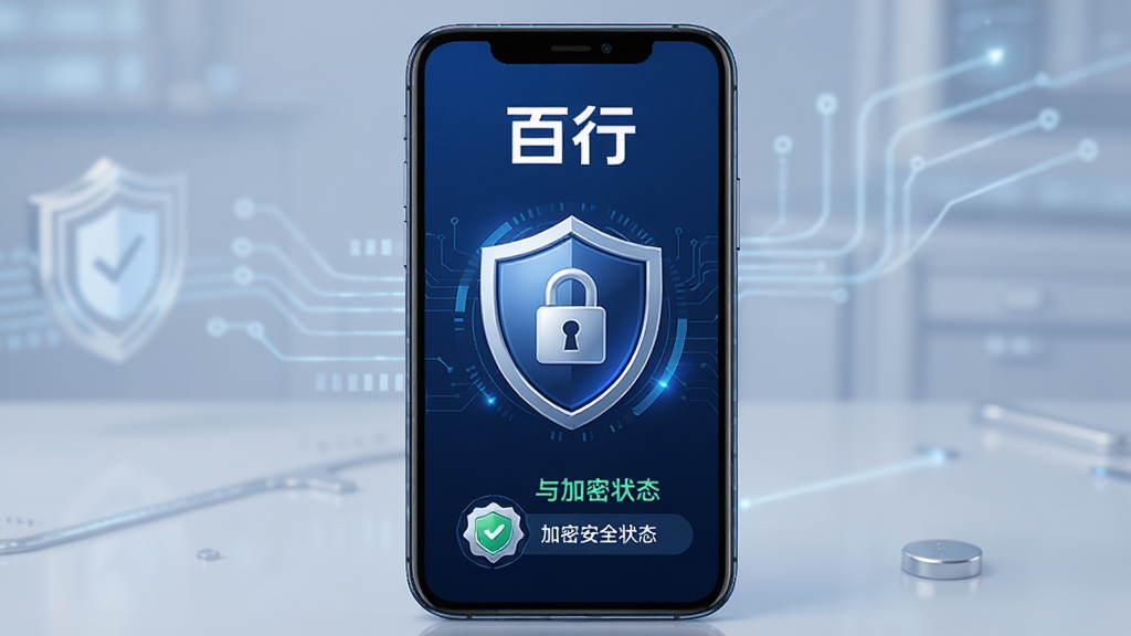 手机安全防护界面展示,主体为手机居中放置,布局上屏幕内显示盾牌图标和加密锁标识,排版上顶部有