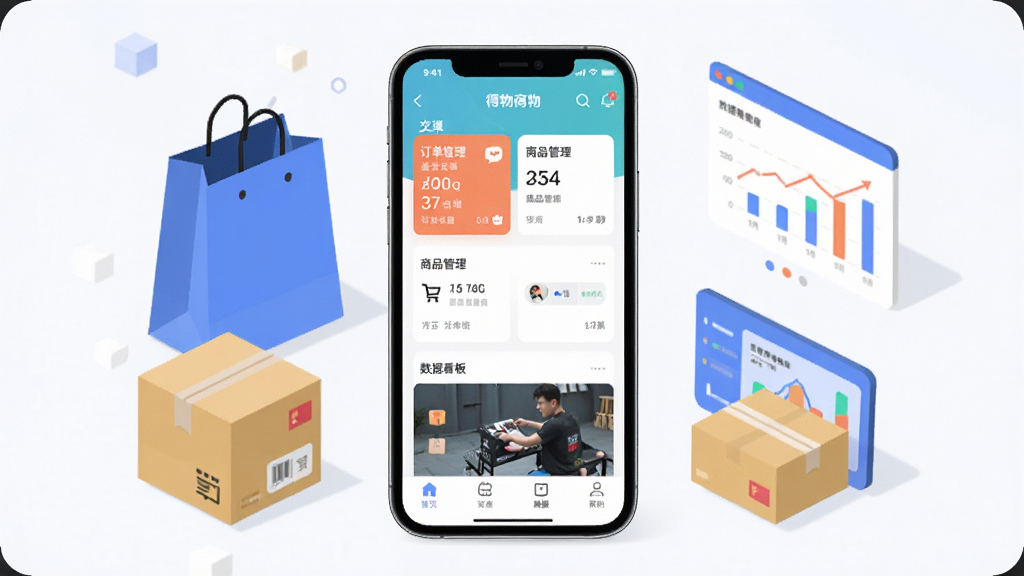 得物商家版APP主界面展示图,画面中央是一部智能手机,屏幕上显示得物商家版应用首页,包含订单管理、商品管理、数据看板等模块入口,手机周围环绕着购物袋、包裹、数据图表等电商元素,布局简洁清晰,风格为现代扁平化设计,细节精致,画质高清,干净,无多余元素