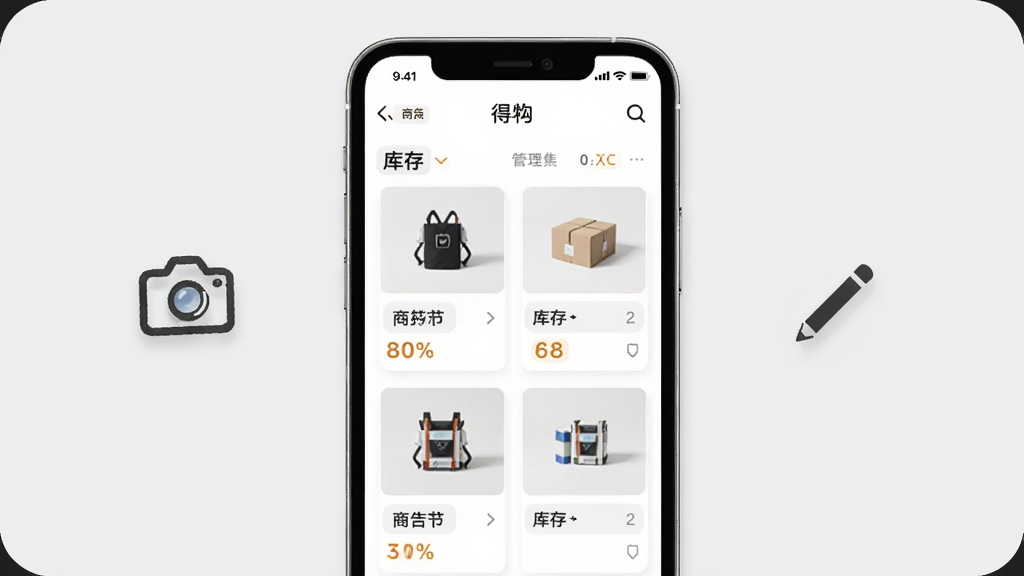 得物商家版商品管理功能展示图,画面中手机屏幕显示商品列表和库存数字,旁边有相机图标和编辑铅笔图标,背景为浅灰色,商品卡片整齐排列,风格为简约商务风,细节精致,画质高清,干净,无多余元素