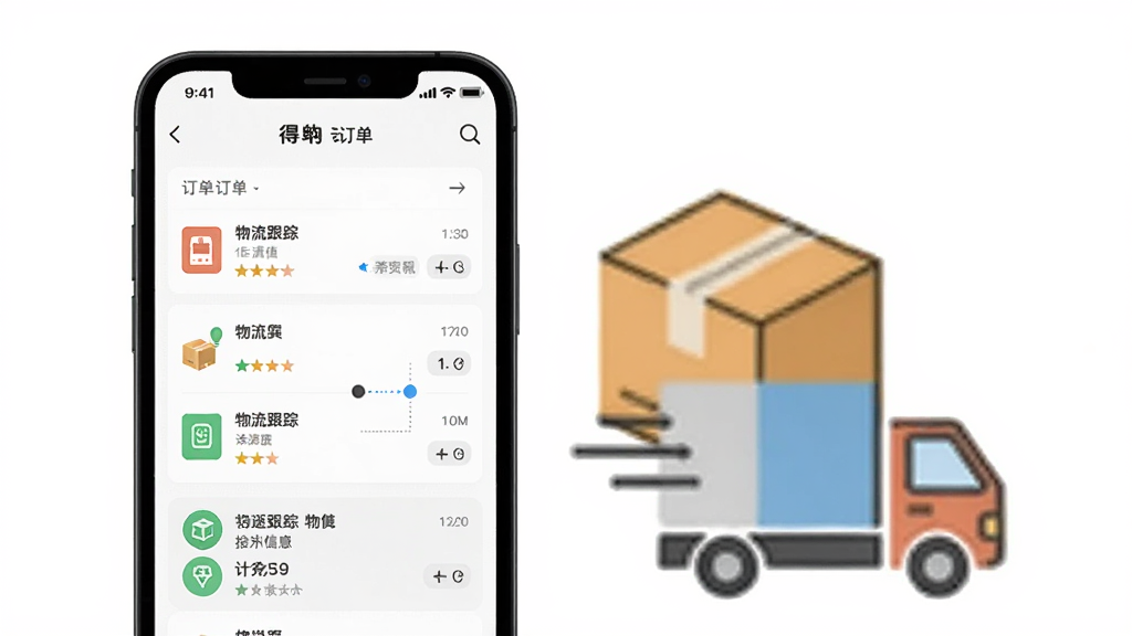 得物商家版订单处理功能展示图,画面中手机屏幕显示订单列表和物流跟踪信息,屏幕旁有快递箱和卡车图标,背景为白色,布局简洁,风格为现代扁平化设计,细节清晰,画质高清,干净,无多余元素