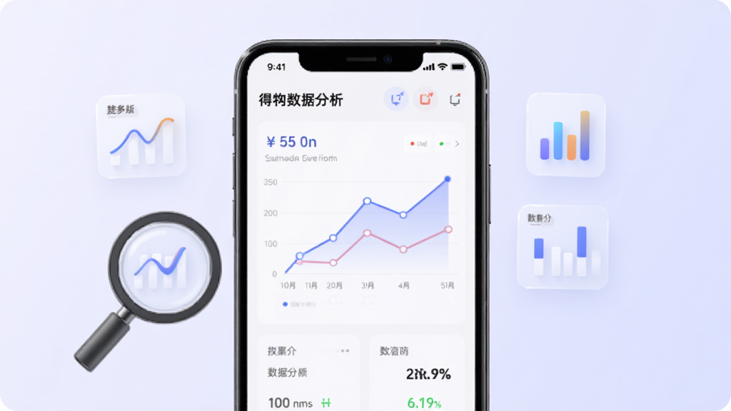 得物商家版数据分析功能展示图,画面中手机屏幕显示折线图和柱状图,屏幕旁有放大镜和图表图标,背景为淡紫色渐变,布局清晰,风格为数据分析风,细节精致,画质高清,干净,无多余元素