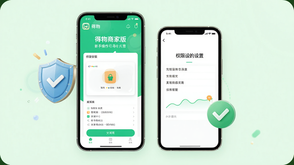 得物商家版新手操作引导图,画面中一部手机展示应用安装界面和权限设置页面,手机旁有盾牌图标和勾选标记,背景为浅绿色,布局清晰,风格为安全指引风,细节精致,画质高清,干净,无多余元素