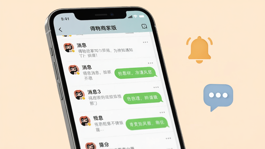 得物商家版消息通知功能展示图,画面中手机屏幕显示消息列表和聊天气泡,屏幕旁有铃铛和对话气泡图标,背景为浅橙色,布局简洁,风格为社交沟通风,细节清晰,画质高清,干净,无多余元素