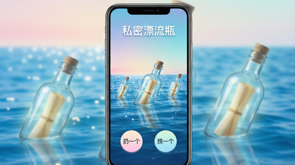 一张手机屏幕展示私密漂流瓶软件主界面,画面中央是蓝色海洋背景,海面上漂浮着几个发光玻璃瓶,每个瓶子里装着信纸,屏幕顶部显示“私密漂流瓶”软件名称,底部有“扔一个”和“捞一个”两个圆形按钮,整体布局简洁清晰,风格清新治愈,细节包括海面波光、柔和渐变天空、瓶身反光,画质高清干净,无多余元素