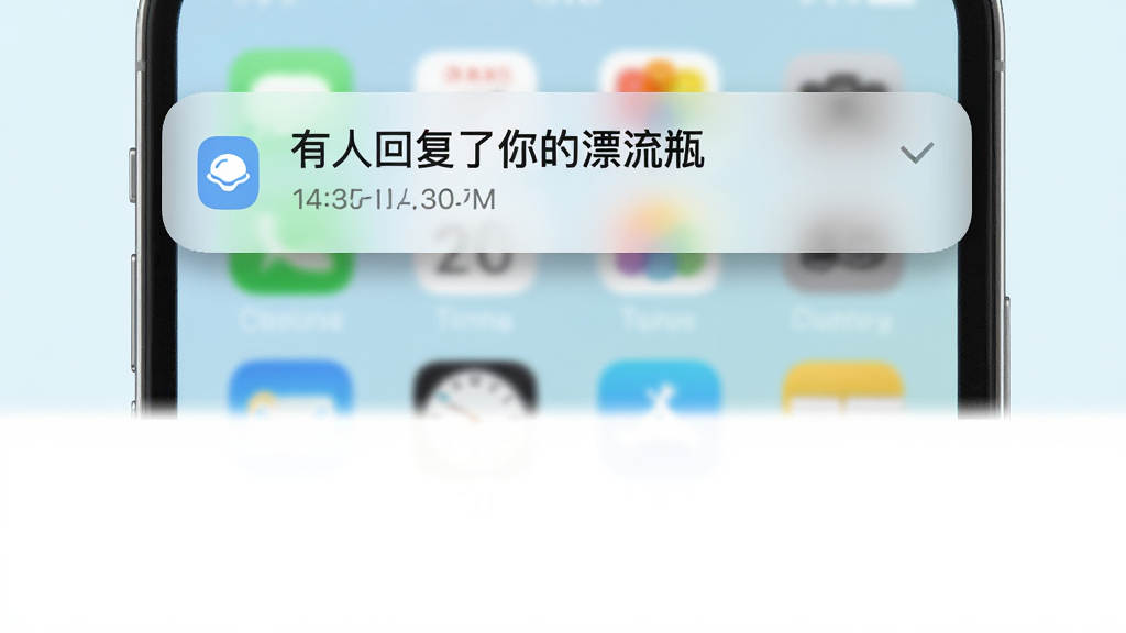 一部手机屏幕上方弹出私密漂流瓶消息通知横幅,横幅内显示“有人回复了你的漂流瓶”文字,背景是手机桌面,桌面图标简洁,画面主体为手机上半部分,下方留白,风格清新浅色,细节包括通知横幅的圆角、阴影、时间显示,画质清晰干净,无多余元素
