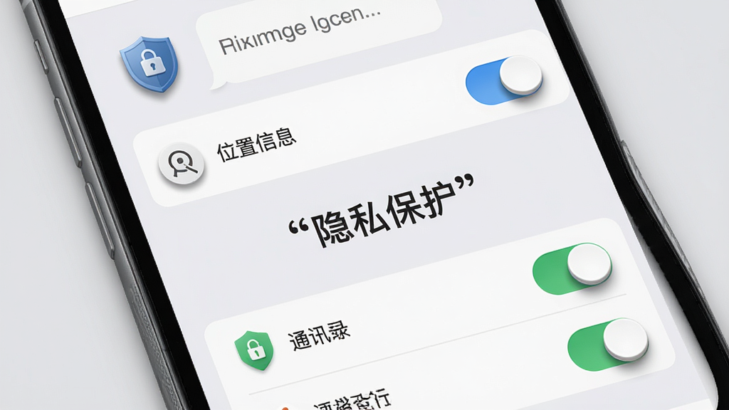 手机屏幕显示私密漂流瓶隐私设置页面,画面中有盾牌图标和锁形图标,背景为浅灰色,页面中央用引号标注“隐私保护”文字,周围环绕着聊天记录、位置信息、通讯录等选项开关,布局为上下排列,风格简洁商务,细节包括图标阴影、开关按钮的立体感、页面留白,画质高清干净,无多余元素