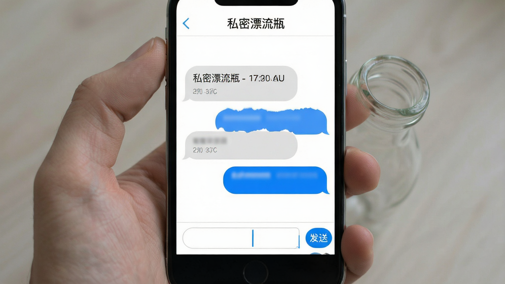 手机屏幕展示私密漂流瓶聊天对话框界面,对话框为气泡样式,左侧是灰色气泡,右侧是蓝色气泡,背景为白色,顶部显示“私密漂流瓶”文字,底部是输入框和发送按钮,布局简洁,风格素雅极简,细节包括气泡圆角、时间戳、输入框光标,画质高清干净,无多余元素