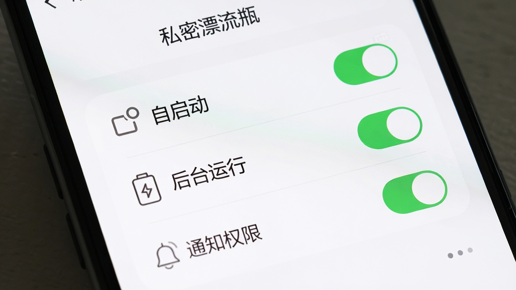 一部安卓手机屏幕显示私密漂流瓶设置页面,页面中有“自启动”“后台运行”“通知权限”三个开关选项,开关处于开启状态,背景为白色,顶部标注“私密漂流瓶”文字,布局为上下排列,风格柔和圆角,细节包括开关按钮的绿色高亮、图标线条、页面留白,画质高清干净,无多余元素
