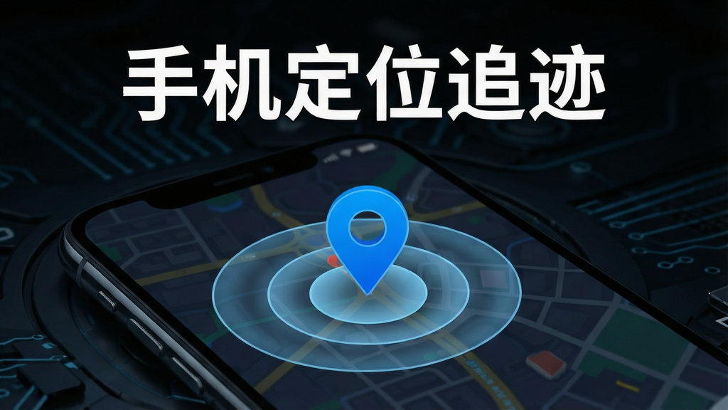 一张智能手机屏幕展示地图界面,地图上有一个明显的蓝色定位标记点,标记点周围有淡蓝色的圆形波纹扩散效果,手机背景为深色科技感风格,画面中央上方用白色粗体字写着