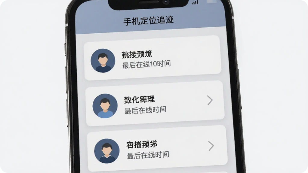 一部手机屏幕展示设备管理列表界面,列表中有三个设备卡片,每个卡片左侧有圆形头像图标,右侧显示设备名称和最后在线时间,界面顶部有