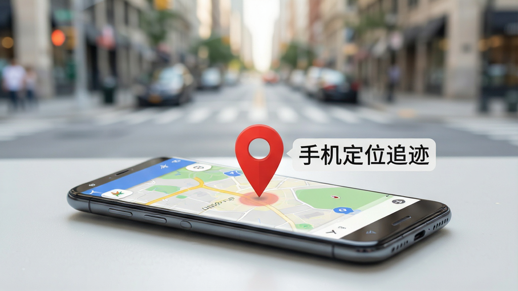 一部安卓手机放在桌面上,屏幕显示地图界面,地图上有一个醒目的红色定位图标,图标旁边有
