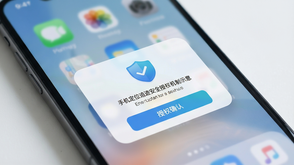 手机定位追迹安全授权机制示意,手机屏幕显示授权确认弹窗,带有盾牌和勾选图标,背景柔和,布局居中,风格安全可信,细节精致,画质高清,干净,无多余元素