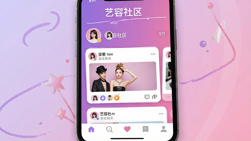 手机屏幕中显示一个变装社区应用界面,顶部有“艺容社区”文字标识,页面布局包含用户头像、动态卡片和底部导航栏,整体采用紫粉渐变色调,风格清新时尚,细节清晰,画质干净,无多余元素