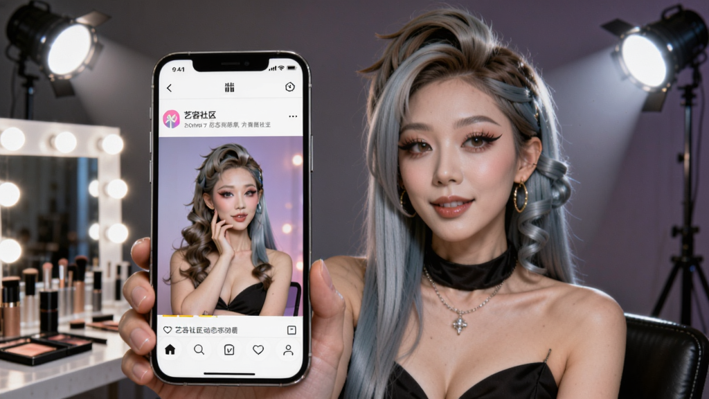 一位用户在手机前展示变装造型,手机屏幕上显示“艺容社区”动态发布页面,周围有聚光灯和化妆台背景,整体氛围时尚有活力,画质清晰干净,无多余元素