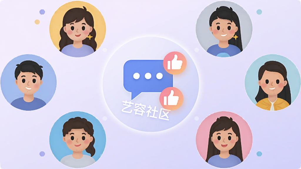 多个用户头像围绕“艺容社区”圈子图标排列,中间有聊天气泡和点赞图标,背景为浅紫色渐变,风格简洁明快,画质干净,无多余元素