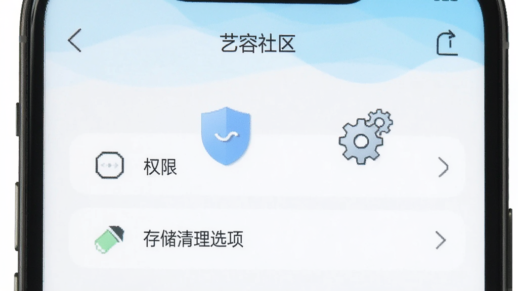 手机屏幕上显示“艺容社区”设置页面,包含权限管理和存储清理选项,旁边有盾牌和齿轮图标,风格简洁,画质干净,无多余元素