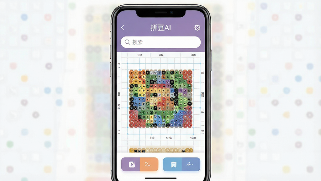一张展示拼豆AI软件界面的图片,主体为手机屏幕中显示拼豆AI应用主界面,布局为上方是软件名称“拼豆AI”和搜索栏,中间是拼豆图纸预览区,下方是功能按钮栏,排版简洁清晰,风格为现代扁平化设计,细节包括彩色拼豆图案和网格线,画质高清,干净,无多余元素