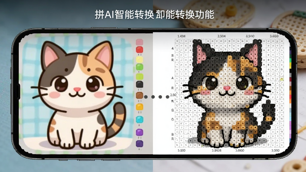 一张展示拼豆AI智能转换功能的图片,主体为手机屏幕中左侧显示一张卡通猫咪照片,右侧显示转换后的拼豆图纸,布局为左右对比排版,风格为科技感与手工感结合,细节包括彩色色块和色号标注,画质高清,干净,无多余元素