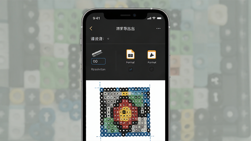 一张展示拼豆AI图纸导出功能的图片,主体为手机屏幕中显示导出设置界面和预览图,布局为上方设置选项下方预览,风格为现代简约,细节包括分辨率选项和格式图标,画质高清,干净,无多余元素