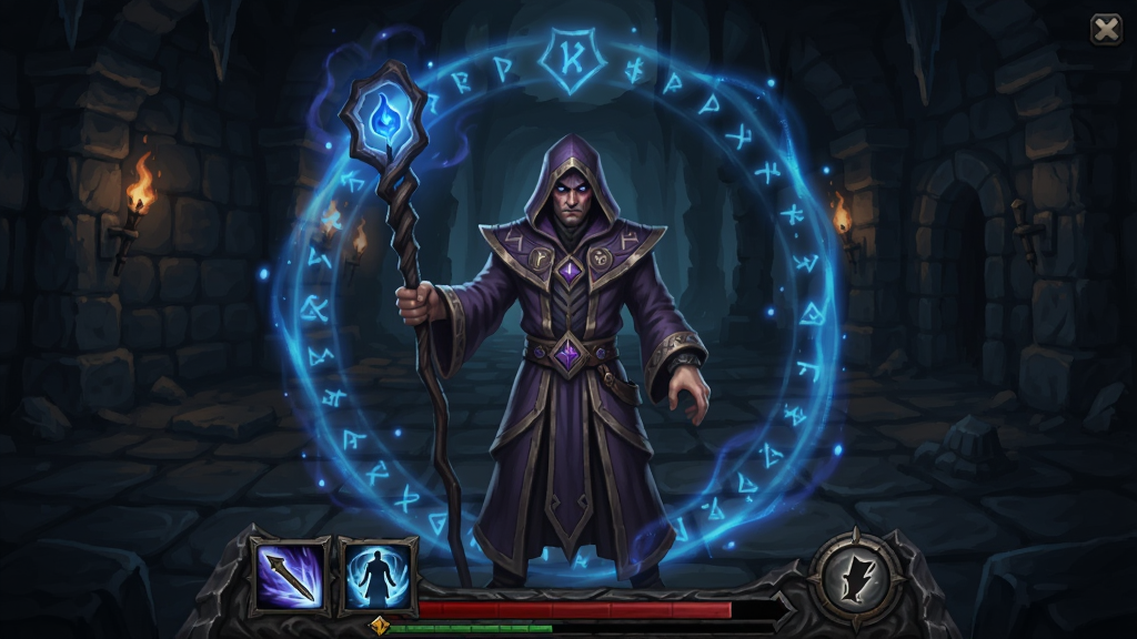 Warlock Hero游戏主界面截图,画面中央是身穿暗紫色法袍的术士角色手持法杖,背景为幽暗地牢场景,四周有蓝色魔法光效环绕,画面下方显示技能按钮与血条,整体风格暗黑魔幻,色彩以深紫、暗蓝、灰黑为主,画质高清,干净无多余元素