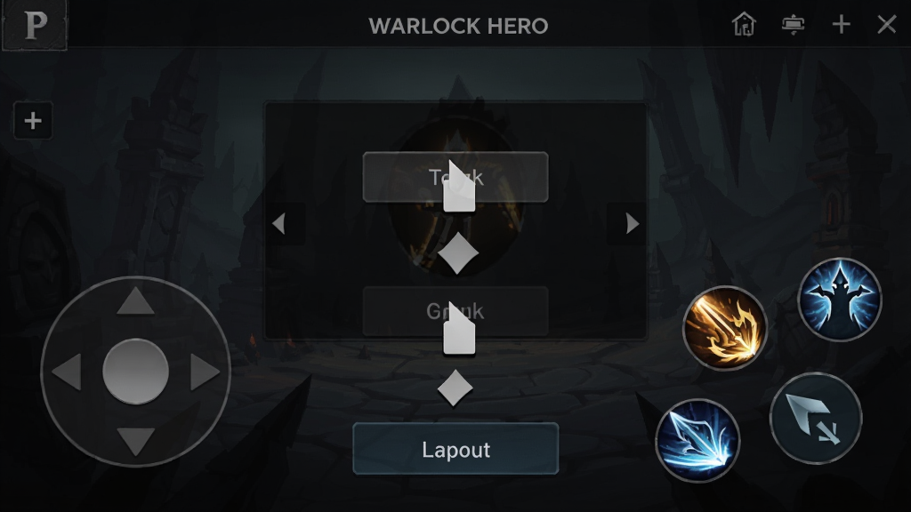 Warlock Hero手机端操作界面设置截图,画面展示虚拟摇杆与技能按钮自定义布局界面,背景为游戏暂停菜单,按钮可拖动调整位置,整体暗色UI风格,布局清晰,画质高清,干净无多余元素