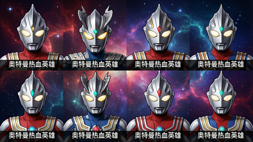 一张展示奥特曼热血英雄角色选择界面的图片,画面中整齐排列着迪迦奥特曼、赛罗奥特曼、泽塔奥特曼、特利迦奥特曼、梦比优斯奥特曼等多个角色的半身立绘,每个角色下方标注有“奥特曼热血英雄”字样,布局为网格状排列,风格为高清日系动漫立绘风格,细节包括角色眼神中的光芒、彩色计时器的质感、背景星云渐变效果,画质高清,干净,无多余元素。
