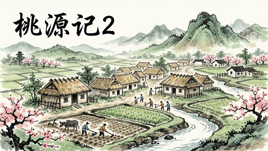 一幅古风田园山水画卷,画面中央是一座繁荣的古代村落,茅草屋舍错落有致,农田里村民正在耕作,远处青山环绕,溪流穿村而过,桃花盛开,画面左上角写着“桃源记2”四个大字,整体风格为中国传统水墨淡彩,细节丰富,画质清晰,干净无多余元素