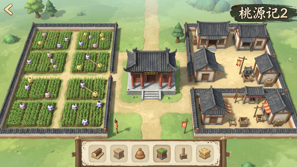 一款古风模拟经营游戏的建筑布局界面截图,画面中展示了一个规划整齐的古代村庄,左侧是农田区,右侧是民居和工坊,中央有一座祠堂,界面底部有建造菜单,画面右上角标注“桃源记2”,整体风格为中国古风UI设计,色彩柔和,画质清晰,干净无多余元素