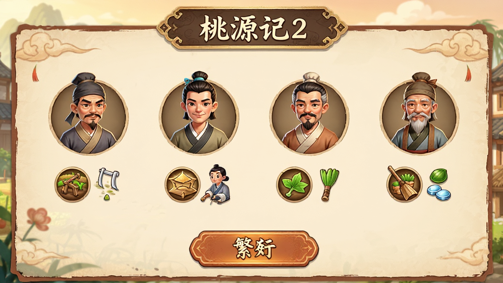 一款古风经营游戏中村民养成界面,画面展示了几位穿着古代服饰的村民头像,旁边有农耕、建造、采集等技能图标,下方有繁衍按钮,界面风格为中国古风,色调温暖,画质清晰,画面中标注“桃源记2”,干净无多余元素