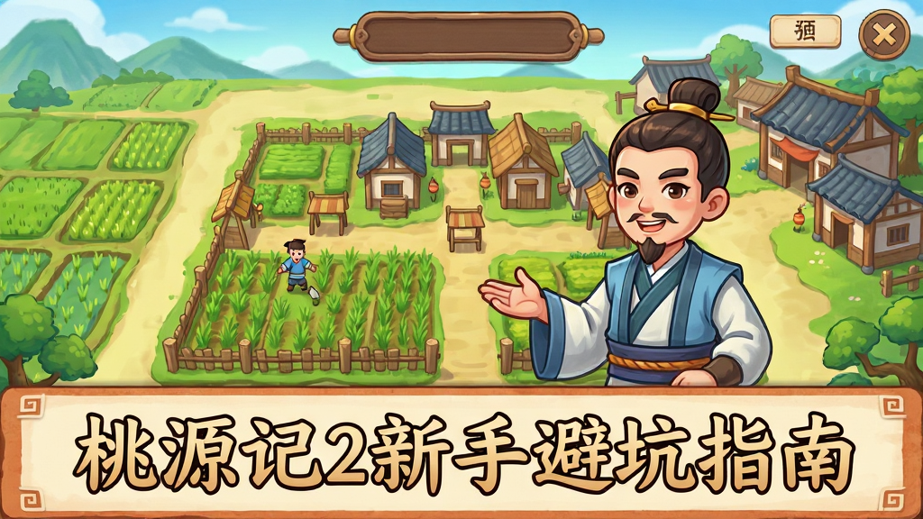 一幅古风经营游戏的新手引导界面,画面中有一位古代装扮的向导正在向玩家介绍村庄布局,背景是农田和民居,画面下方有文字提示“桃源记2新手避坑指南”,整体风格为中国古风卡通,色彩明亮,画质清晰,干净无多余元素