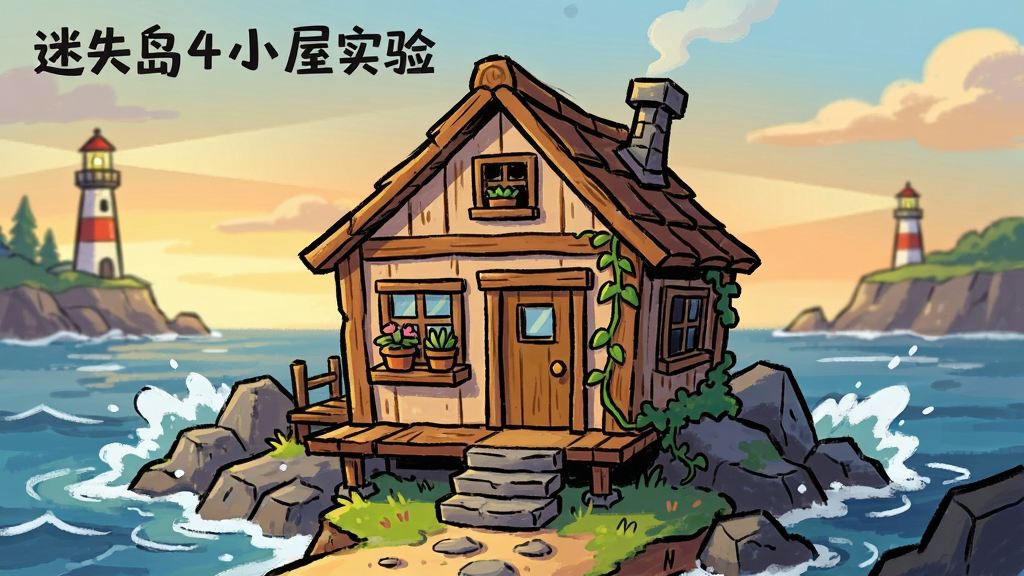 一幅手绘风格的孤岛小屋场景插画,画面中央是一座木质结构的小屋,屋顶有烟囱,周围环绕着礁石与海浪,天空呈现黄昏色调,画面布局采用中心构图,小屋位于视觉焦点,背景有灯塔与远山,风格为美式卡通手绘,细节包括窗台上的盆栽、门前的石阶、墙上的藤蔓,画质清晰干净无多余元素,画面中带文字“迷失岛4小屋实验”