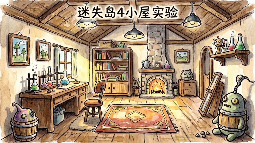 一幅手绘风格的插画,画面主体是迷失岛4小屋实验中的小屋内部场景,布局采用透视视角展示房间全貌,房间内摆放着实验台、书架、壁炉与各种奇趣道具,风格为手绘水彩质感,细节包括墙上的挂画、桌上的烧瓶、地上的地毯纹理,画质清晰干净无多余元素,画面中带文字“迷失岛4小屋实验”