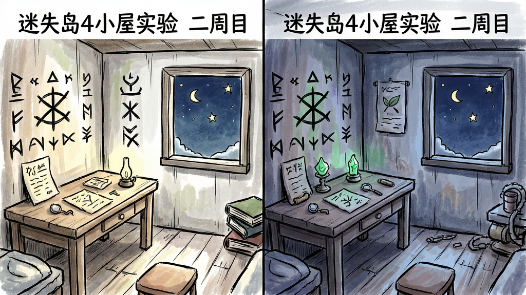 一幅手绘风格的插画,画面展示迷失岛4小屋实验中的多周目概念,布局为左右分屏对比,左侧为第一周目场景,右侧为第二周目场景,场景中有明显变化如新增的符号与道具,风格为手绘线条加淡彩,细节包括墙上的神秘符号、桌上的纸条、窗外的星空,画质清晰干净无多余元素,画面中带文字“迷失岛4小屋实验 二周目”
