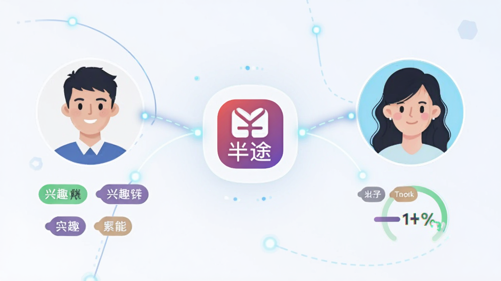一幅展示半途智能匹配功能的AI生图,画面主体为两个用户头像通过数据线条连接,中间有半途Logo,布局为左右对称,排版清晰,风格为科技感扁平插画,细节包括兴趣标签图标、匹配百分比、光效连接线,画质高清干净,无多余元素。