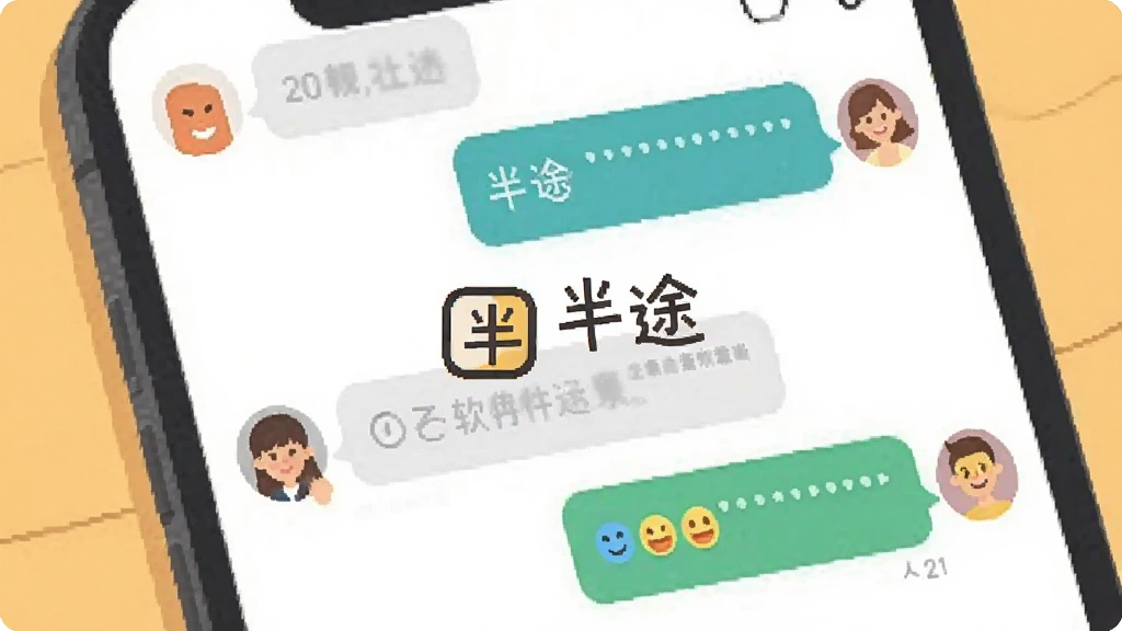 一张展示半途软件社交场景的插画,主体是一个温馨的聊天界面,屏幕中央有半途的Logo和文字“半途”,布局为手机屏幕特写,排版简洁,风格为扁平化插画风,细节包括对话气泡、用户头像、心情表情,画质清晰干净,无多余元素。